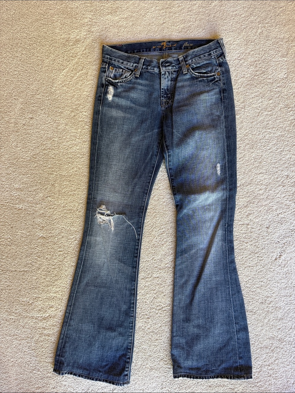 7 For All Mankind Distressed Medium Blue Flare Jeans